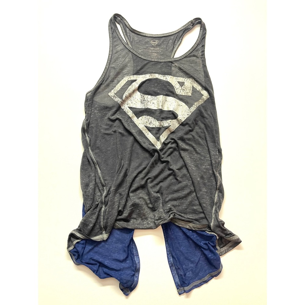 Superman Gray Burnout Racerback Tank Top Distressed Logo Split Back Medium 0325